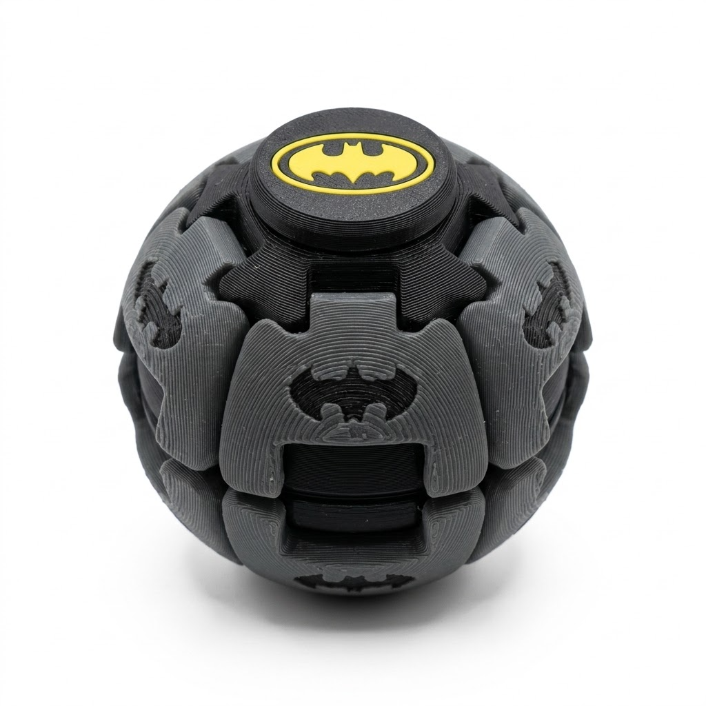 Batman Kinetic Fidget Sphere | 3D Printed Rotating Desk Toy & Collector's Stand