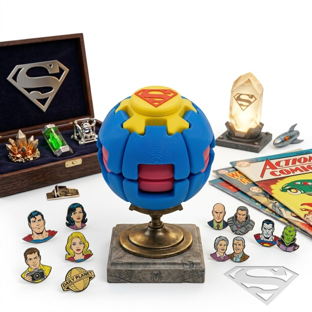 Super-Man Kinetic Fidget Sphere | 3D Printed Rotating Desk Toy & Collector's Stand