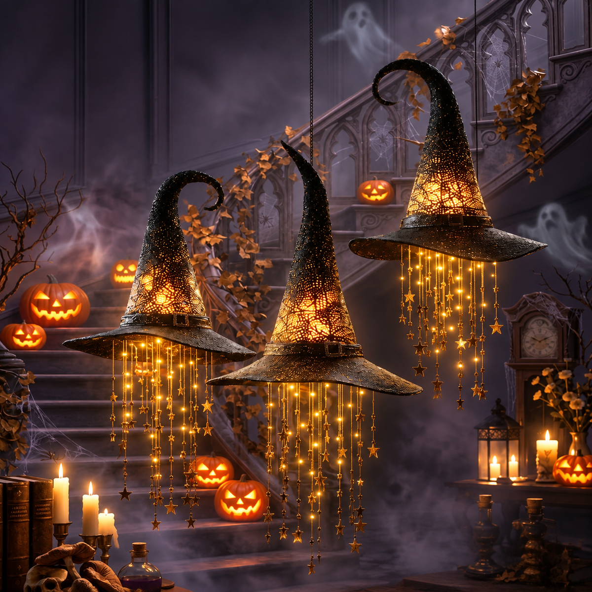 Light Up Floating Witch Hat Lanterns with Cascading Star Lights | Halloween Hanging Decorations for Indoor & Outdoor Party, Balcony & Garden Decor