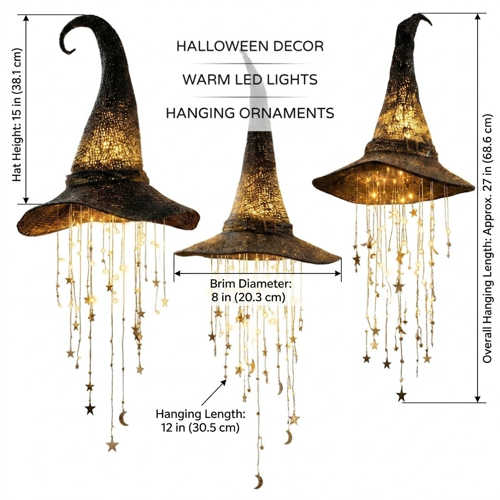 Light Up Floating Witch Hat Lanterns with Cascading Star Lights | Halloween Hanging Decorations for Indoor & Outdoor Party, Balcony & Garden Decor