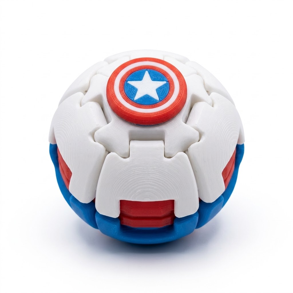 Captain America Kinetic Fidget Sphere | 3D Printed Rotating Desk Toy & Collector's Stand