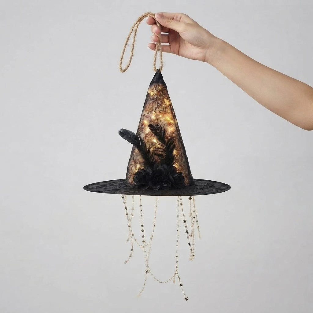 Light Up Floating Witch Hat Lanterns with Cascading Star Lights | Halloween Hanging Decorations for Indoor & Outdoor Party, Balcony & Garden Decor
