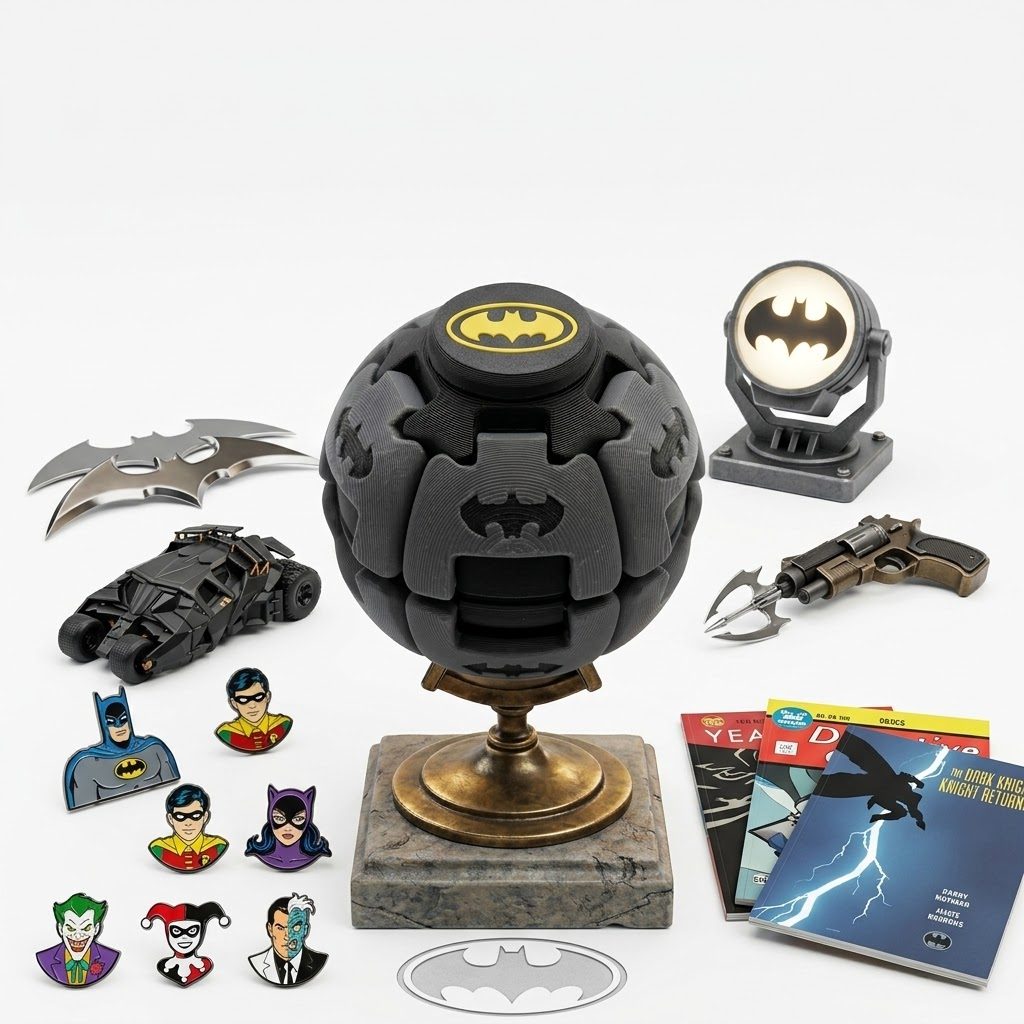 Batman Kinetic Fidget Sphere | 3D Printed Rotating Desk Toy & Collector's Stand