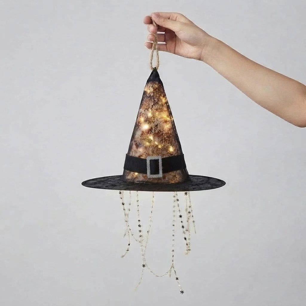 Light Up Floating Witch Hat Lanterns with Cascading Star Lights | Halloween Hanging Decorations for Indoor & Outdoor Party, Balcony & Garden Decor