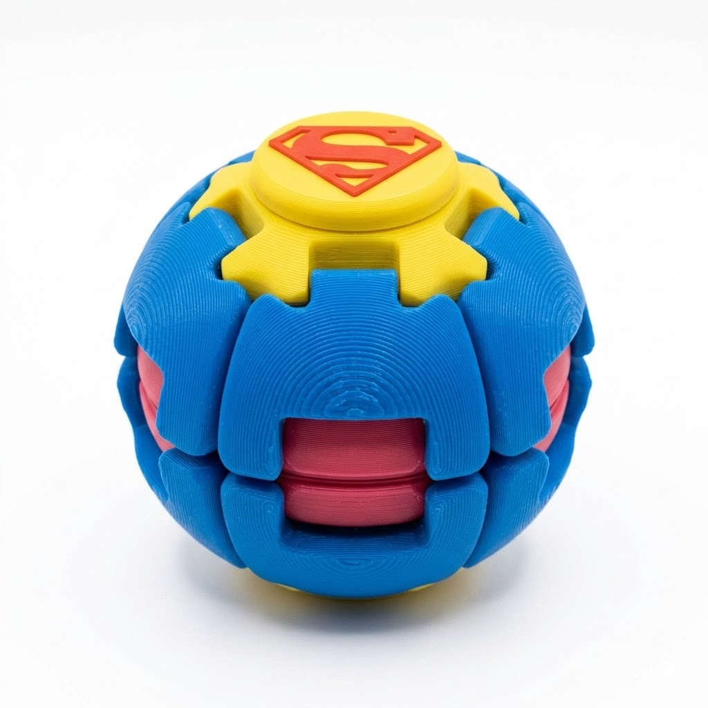 Super-Man Kinetic Fidget Sphere | 3D Printed Rotating Desk Toy & Collector's Stand